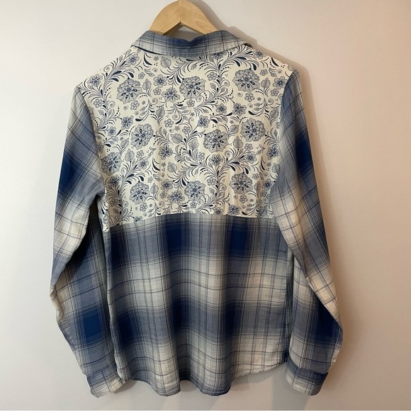 Maurices Plaid Floral Button Down Shirt Sz S Blue White Mixed Print Top Boho - Picture 5 of 11